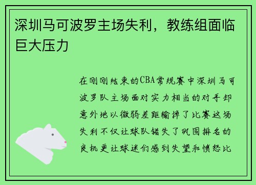 深圳马可波罗主场失利，教练组面临巨大压力